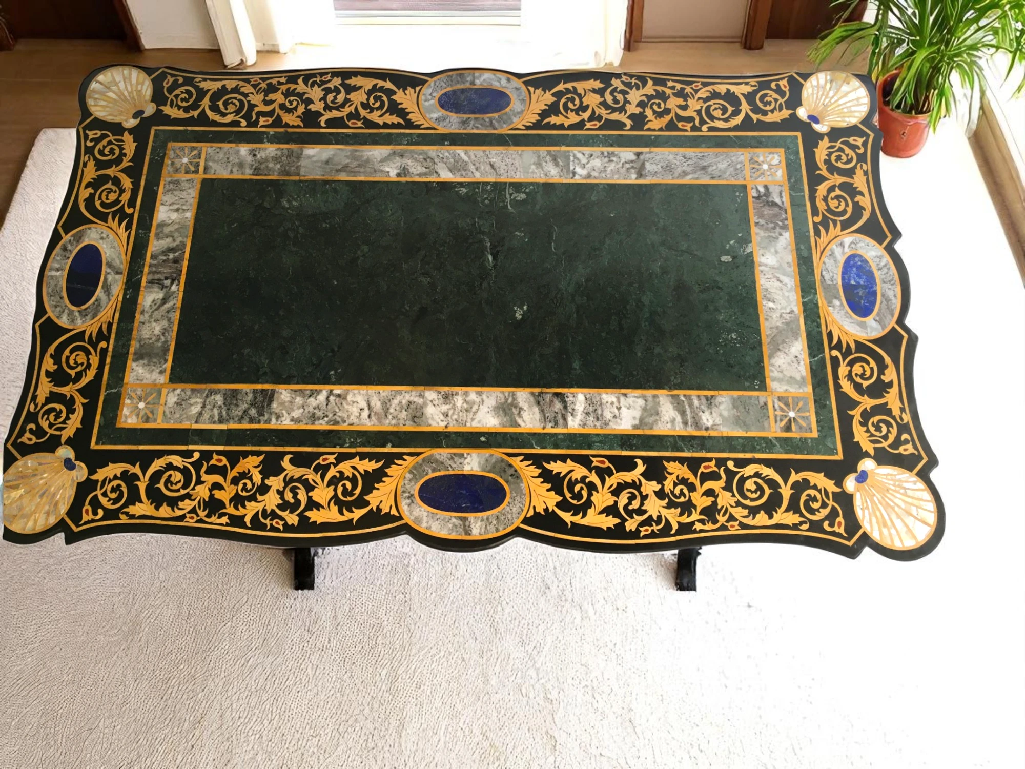 Green Marble Dining Table with Multi-Gemstone Inlay – Luxury Centerpiece